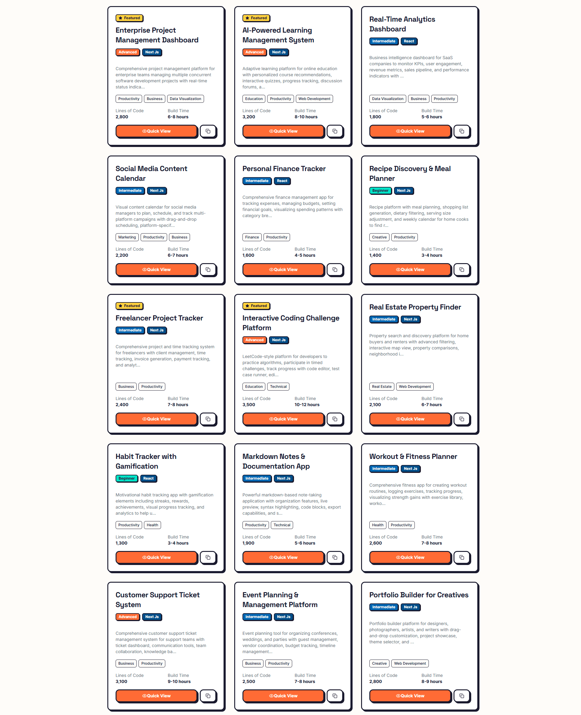 Card grid with bold neobrutalism styling, thick borders clearly defining card boundaries.