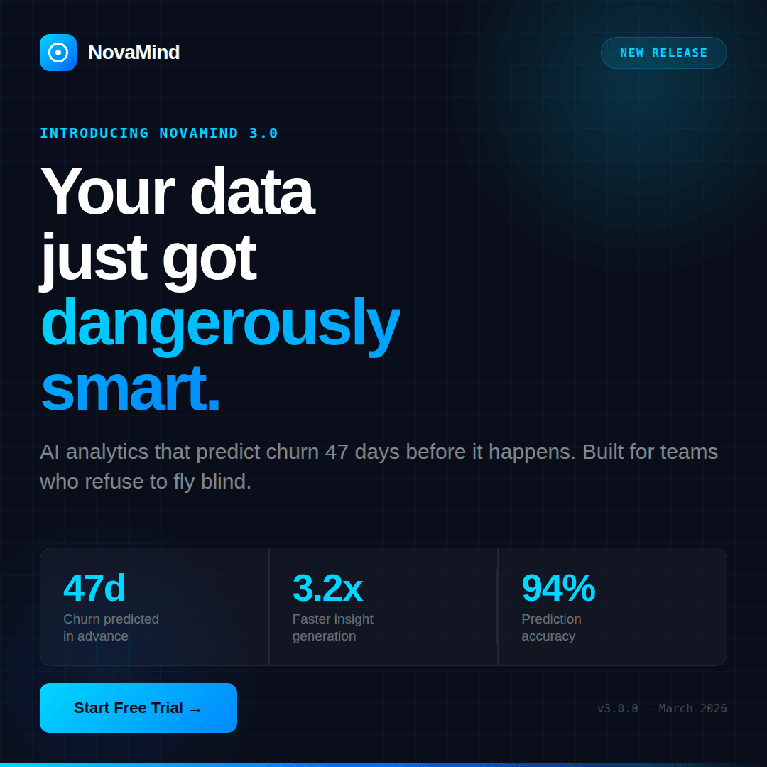 NovaMind dark mode SaaS product announcement with stats