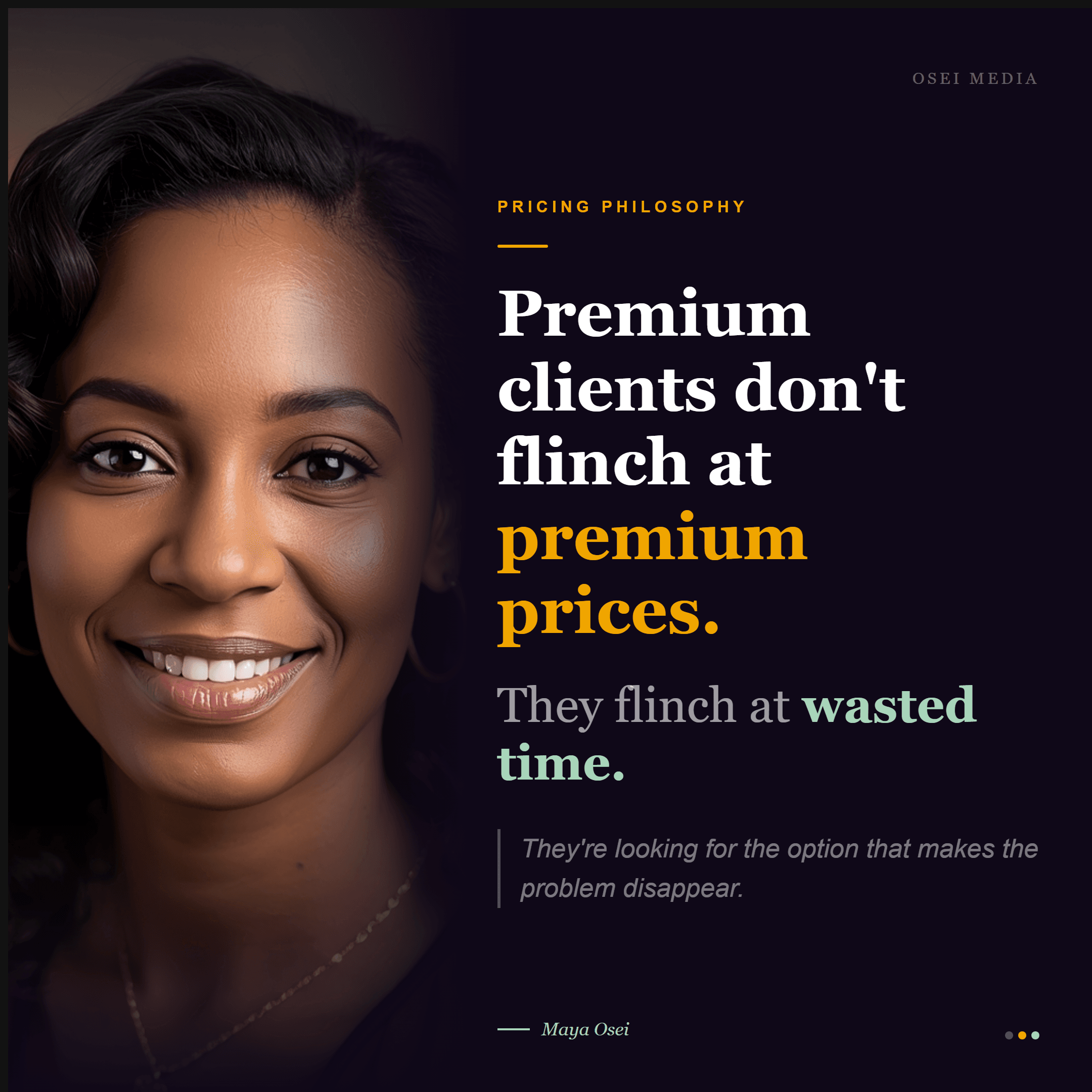 Premium pricing philosophy with woman close-up portrait